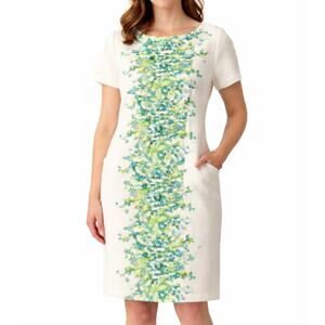 Gabby Skye Floral Sheath Dress Women’s 16 Ivory Teal Green Pockets Garden Party